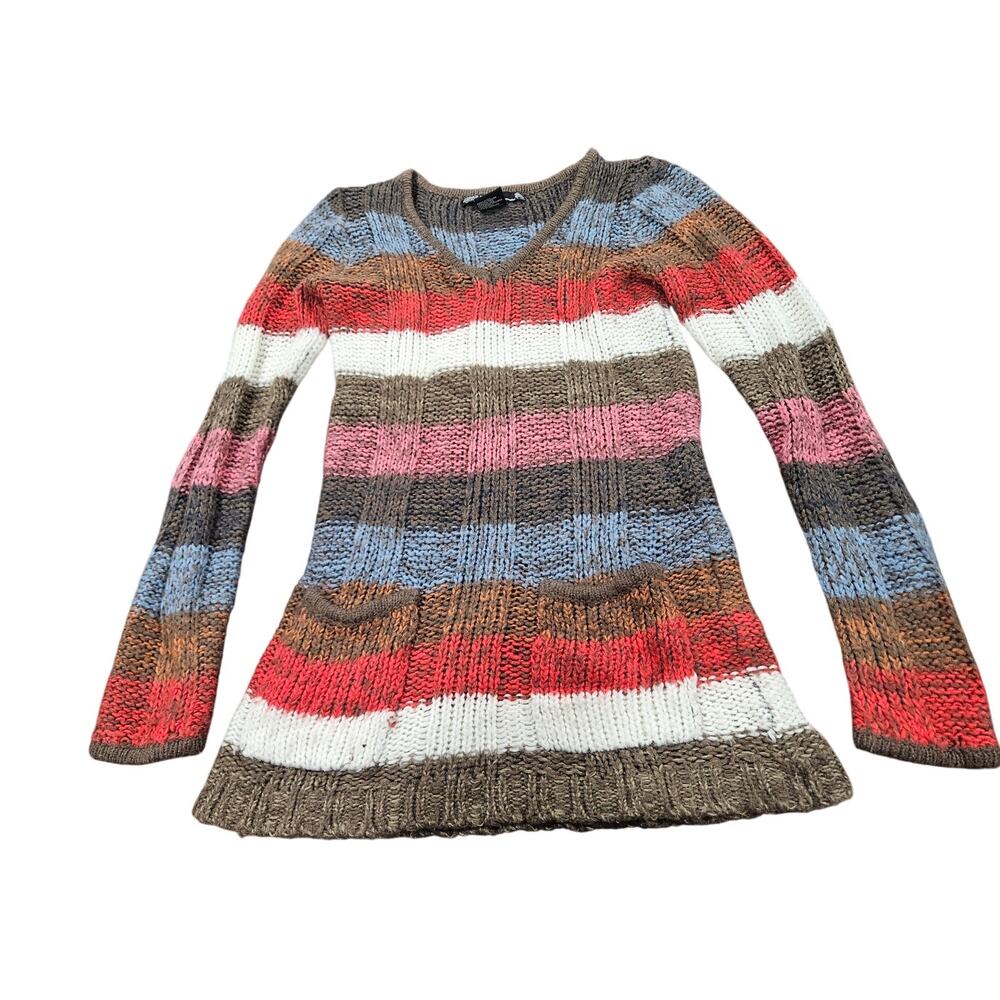 Ashley Y2K Inspired Ribbed Striped Knit Sweater Vintage Neck Skinny Sleeves L